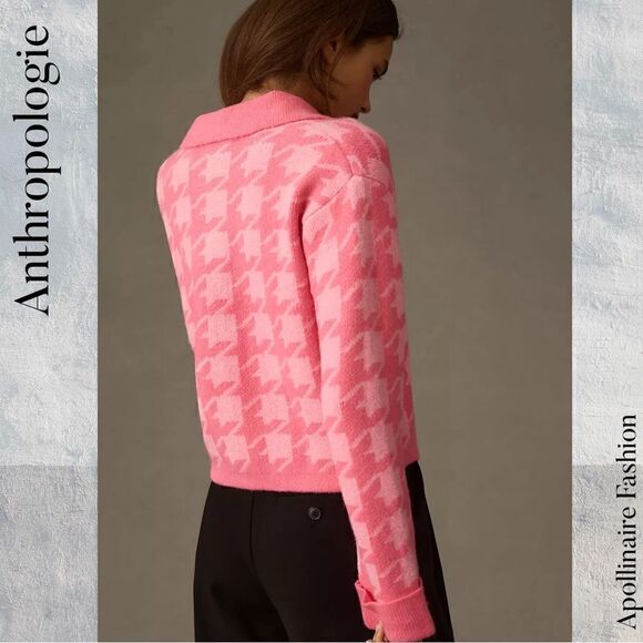ENGLISH FACTORY FOR ANTHROPOLOGIE HOUNDSTOOTH CROPPED CARDI SWEATER IN PINK MED - Picture 3 of 9